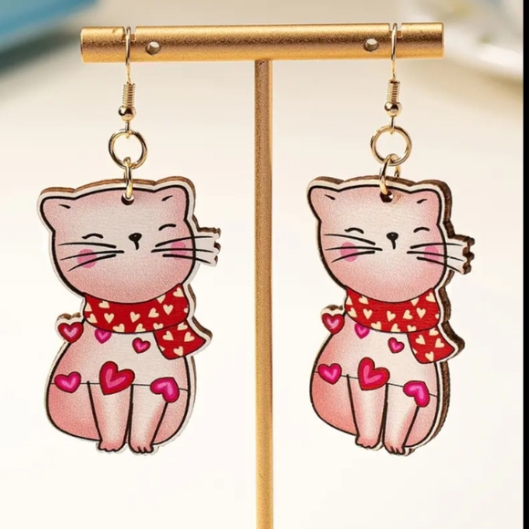Cute Cat Heart Valentines Wooden Earrings - Picture 6 of 6